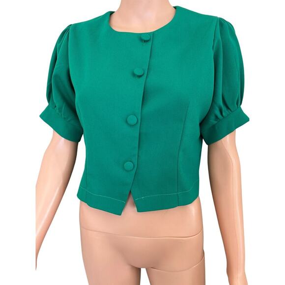Vera Moda Kelly green blazer button up short puff sleeve career wear SZ M granny - Picture 2 of 8